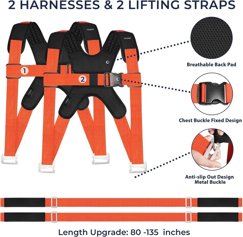 Ytonet Moving Straps, 2-Person Lifting and Moving System, Furniture Lifting Straps with Padded Back Support for Appliance, Mattress, Heavy Objects up to 800 lbs, 135 inches Long Wire Rope Slings - Image 2